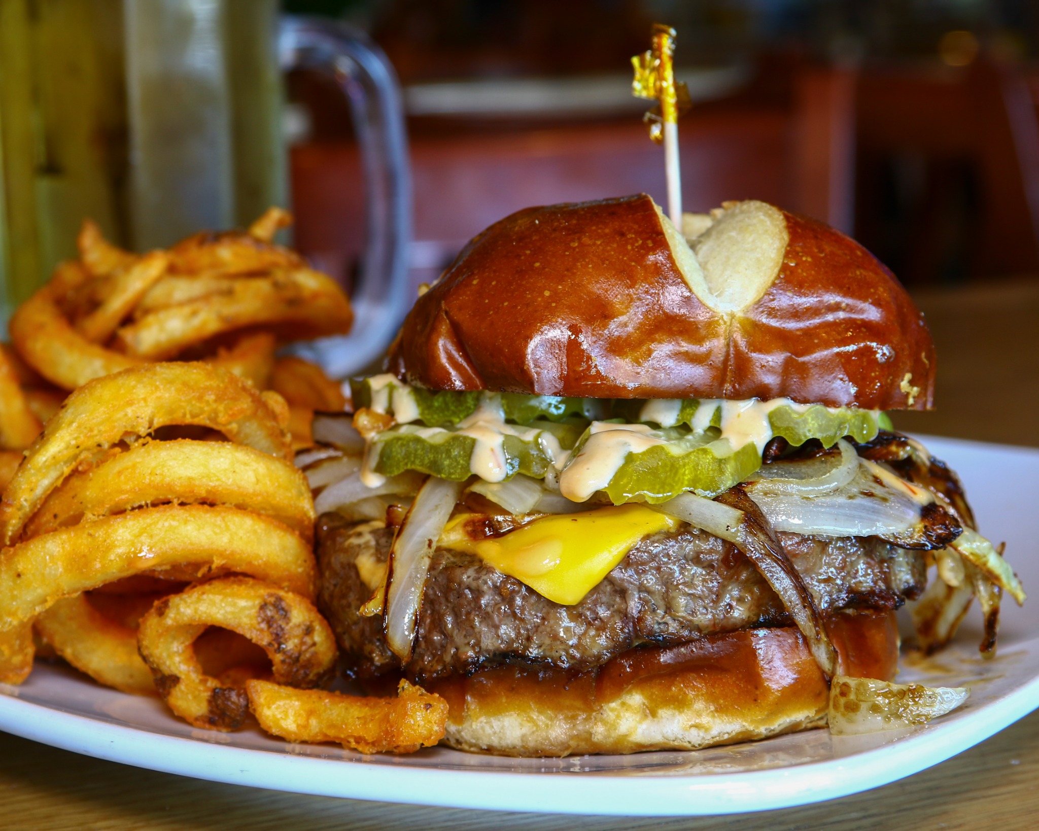 Rookies cheeseburger with curly fries